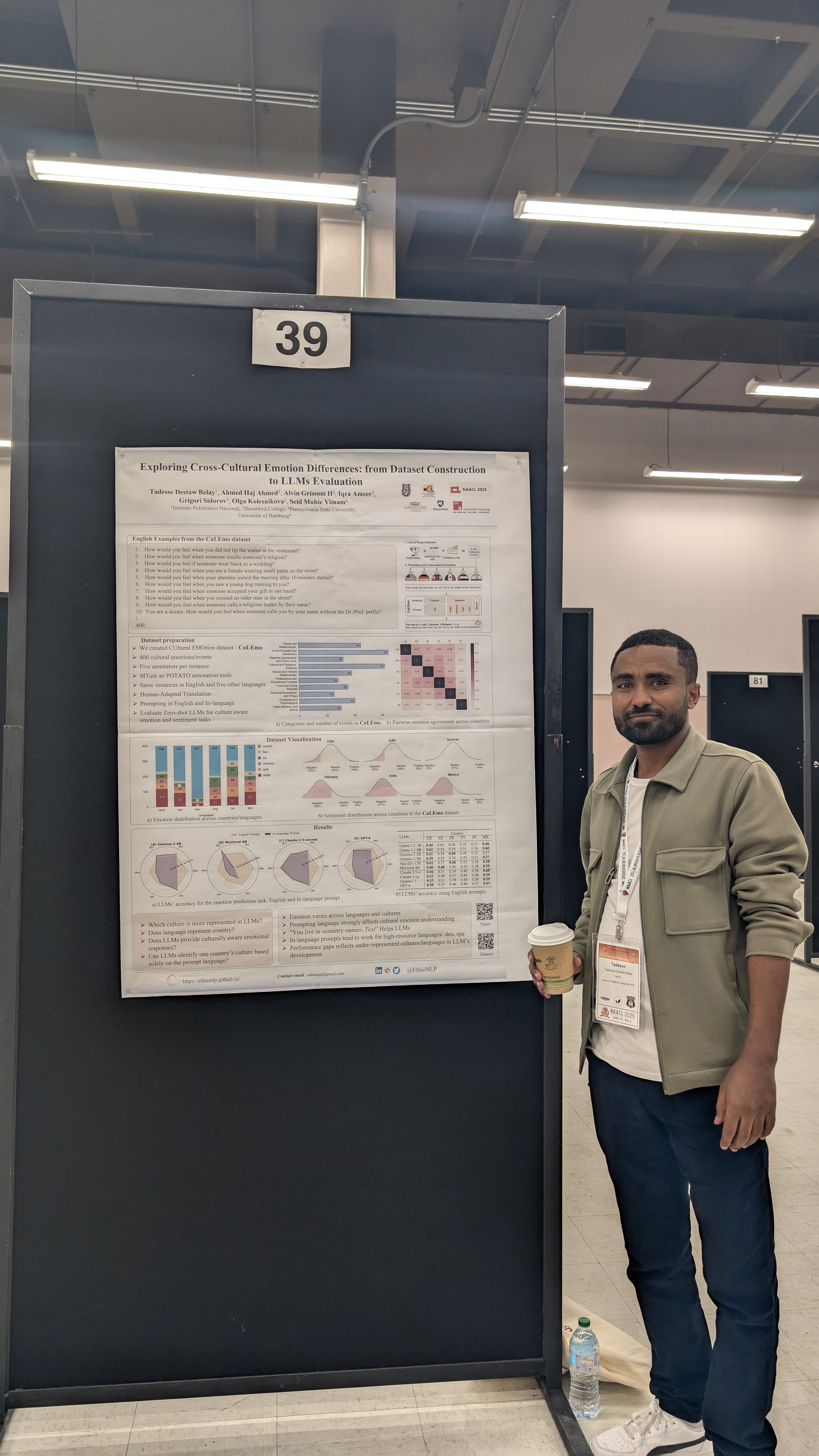 Presenting "Exploring cross-cultural emotion differences from dataset creation to LLM evaluation" at NAACL 2025.